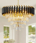 Five Light LED Teardrop Crystal Pendant Chandelier In Gold Finish For Kitchen Island Foyer Hallway And Bedroom Modern Raindrop Ceiling Light With 4000K Neutral White Glow Lit displayed in a bright room.