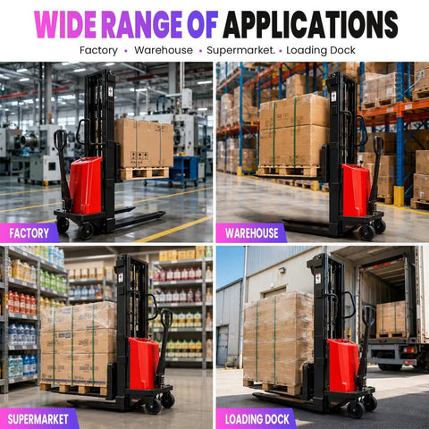 Heavy Duty 3300 Lbs Electric Pallet Stacker With Manual Push Handles For No Sweat Warehouse Loading And Industrial Grade Material Handling Rigs Built To Last in factory, warehouse, supermarket, loading dock settings.