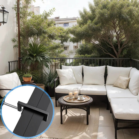 Outdoor rattan sofa with 4 Pack Adjustable Sectional Couch Connectors, 2.36 inch clamp clips securing white patio cushions.