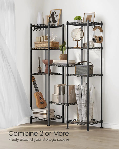 Tiny Bathroom Game Changer Five Tier Storage Rack Super Compact Organizer Hella Sturdy Powder Coated Steel Build in black displaying various items.