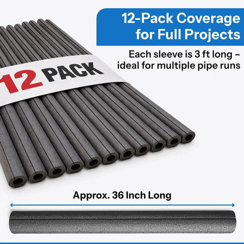 12 Pack Foam Insulated Pipe Covers, 3 Feet Long Each, Pre-Slit For Quick Easy Install On Copper One-Half Inch, Iron Three-Eighths Inch And PVC Pipes, Keeps Pipes Warm In Cold Weather And Cuts Heat Loss