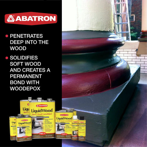 Epoxy Wood Consolidant for fixing rot and strengthening columns with 6 oz Part A and 6 oz Part B, shown repairing column base.