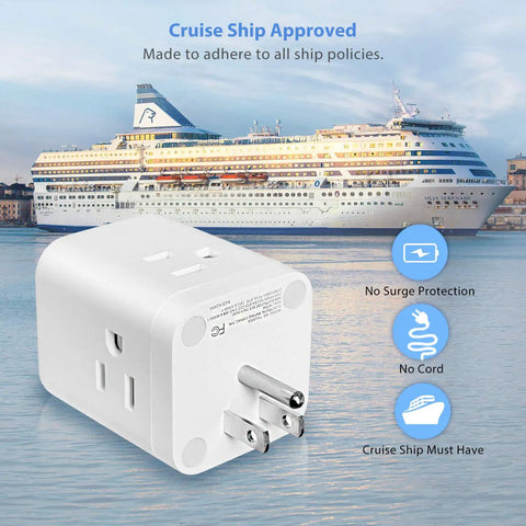 Travel Ready Three Outlet Extender With Three USB Ports And Built In Surge Protector shown with cruise ship backdrop