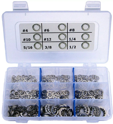 Heavy Duty Type 410 Stainless Steel Internal Star Lock Washer Assortment Kit with 425 parts in labeled organizer box.