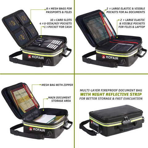 Open and closed views of Go-To Fireproof Document Bag With Lock And Reflective Strip, showing compartments and reflective strip.