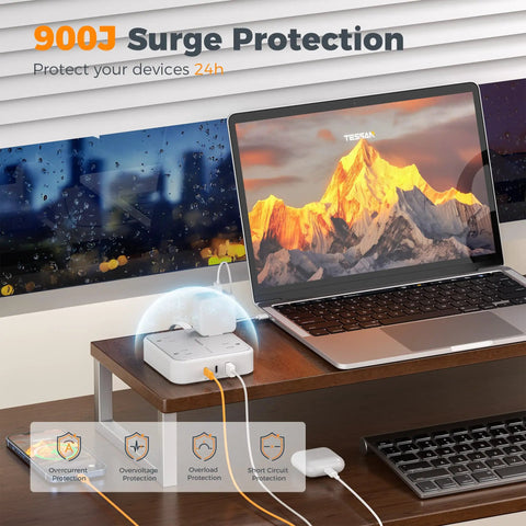 Sleek Flat Surge Protector Power Strip Featuring Ace Usb C Fast Charging Ports and Four Heavy Duty Outlets for Zero Drama Home Office Setup, 900J protection.