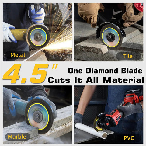 Total Game Changer 4.5 Inch Diamond Saw Blades For Angle Grinders Heavy Duty Cut Off Wheels That Go Through Tile Concrete Metal And Masonry Like Butter 3 Pack 7/8 Inch Arbor in action on metal, tile, marble, and PVC.