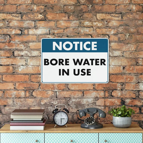 Water In Use Aluminum Heads Up Sign 8x12 UV Printed Notice Plaque For Home Farms Businesses And Facilities Indoor Outdoor Water Supply Zones High Visibility Safety Marker on brick wall