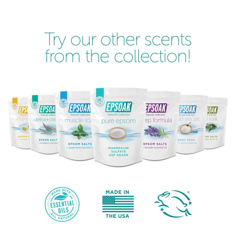 Various Epsoak Epsom salts bags including Muscle Recovery Epsom Salt Soak With Eucalyptus And Peppermint Essential Oils