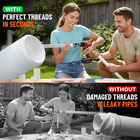 Two Pack PVC Pipe Threader Kit 1/2 and 3/4 Inch with Built In Internal and External Threading shown in use by two people outdoors
