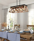 Open Cage Farmhouse Ceiling Light Fixture With 5 Light Dining Room Chandelier for over table, wood finish, adjustable height