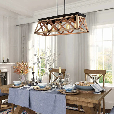 Open Cage Farmhouse Ceiling Light Fixture With 5 Light Dining Room Chandelier for over table, wood finish, adjustable height