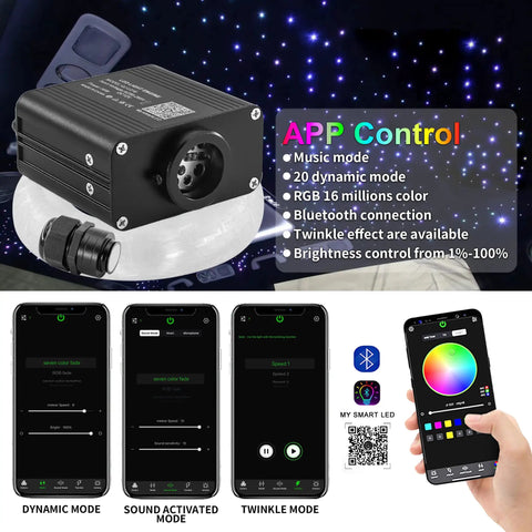 Compact 16W Twinkle Starlight Headliner Kit With 400 Fiber Optic Strands 0.03 Inch 9.8 Feet Car Roof Star Lights App control feature