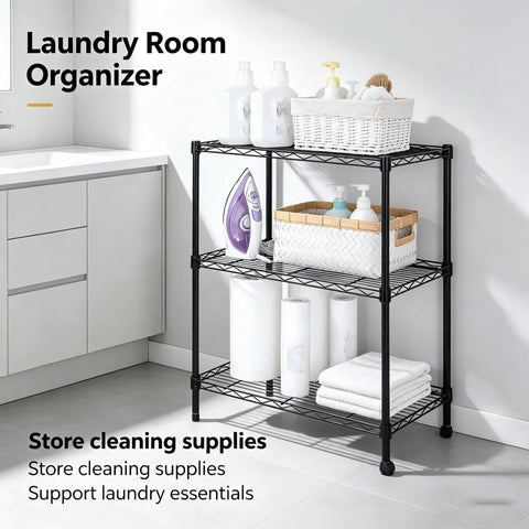 Heavy Duty 3 Tier Wire Shelving Rack, Adjustable Freestanding Storage Organizer for laundry room, sturdy steel design with cleaning supplies.