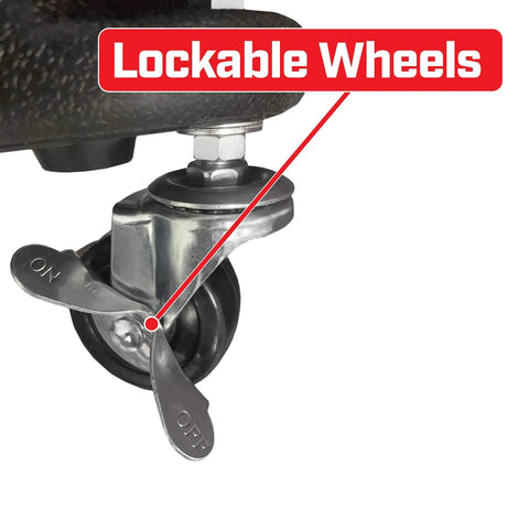 Close-up of lockable wheel on Hella Powerful 3/4HP Air Blower Unit For Wacky Waving Inflatable Tube Guy Advertising Sky Dancer Pump Motor.