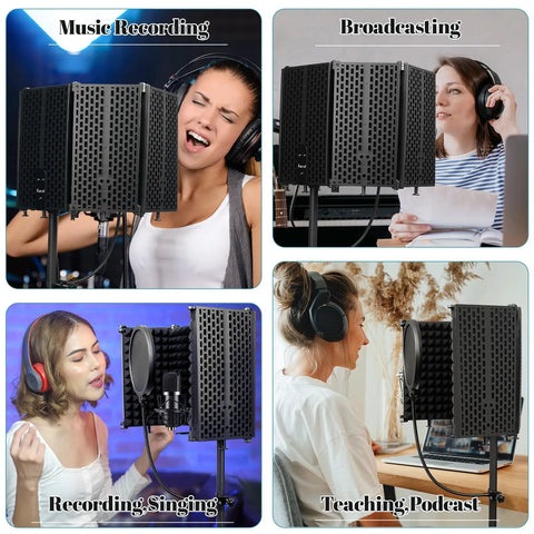 Microphone Stand With Isolation Shield For Recording Studio Foldable Tripod Mic Shield With Pop Filter in four usage scenarios.