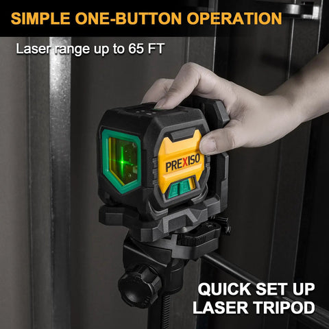 Self Leveling Laser Level With 47 Inch Tripod IP54 Rechargeable Green Laser 65 Feet Range 3 Brightness Line Modes Type C Charging Great For Quick Accurate Layouts. Green laser level on tripod being adjusted by hand