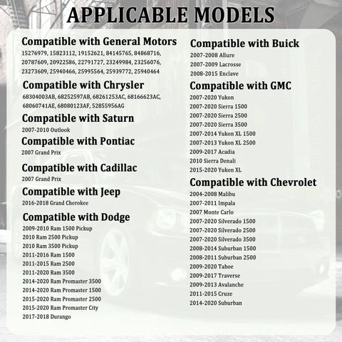 Table of vehicle makes and models compatible with a Transmission Shift Cable Bushing Repair Kit