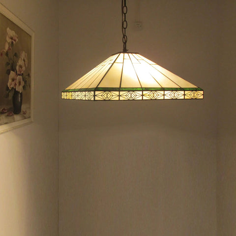 Theros Tiffany Style Two Light Mission Hanging Pendant Fixture With 18 Inch Shade Hand Cut Stained Glass For Indoor Living Room Vibe Hardwired With Wall Switch Bulbs Not Included E26 Type A Compatible hanging in a living room corner