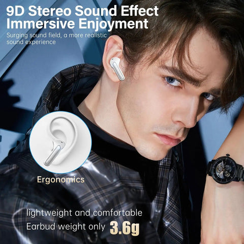 Person wearing Rock Solid Wireless Earbuds With Bluetooth 5.3 And HiFi Stereo Sound Featuring 50H Playtime and Led Digital Display.