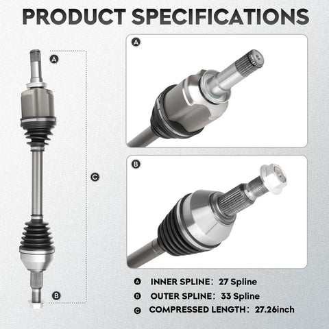 Chevrolet Front Left CV Axle Shaft Assembly Driver Side For Traverse 2009-2017, detailed specs and spline views.