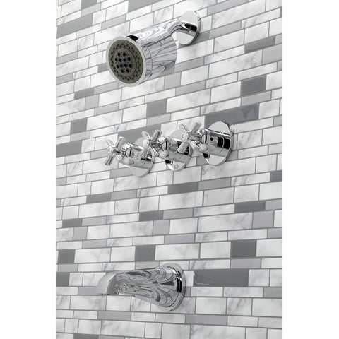 Millennium Triple-Handle Tub And Shower Faucet In Polished Chrome With No-Fuss Wall Mount on gray tiled wall