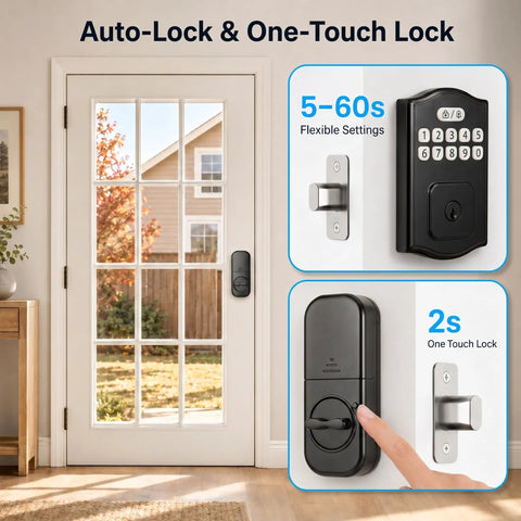 Hassle Free Smart Deadbolt Keyless Entry Lock With Digital Keypad Auto Lock Feature Two Hundred Unique Access Codes Four Spare Keys Super Easy Diy Front Door Installation Top Notch Home Security on a door with keypad and lock.