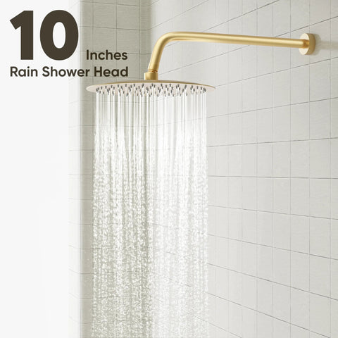 Brushed gold rainfall shower system with 10 inch rain shower head in modern bathroom setting.