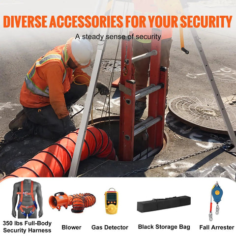 Built Like A Tank Heavy Duty Confined Space Tripod Winch Kit With Secure Harness Portable Air Blower And Smart Gas Detector For No Sweat Emergency Retrieval, featuring accessories like safety harness and blower.