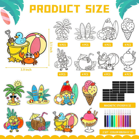 Summer Craft Fridge Magnet Kit For DIY Colorful Beach Fruit Ice Cream Magnets With 32 Cards 32 Magnets And 24 Paint Pens Kid Friendly