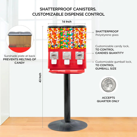 Commercial Candy Machine Dispenser Featuring Center Gumball Reel And Roomy Side Candy Bins Coin Operated Snack Stand with shatterproof canisters.