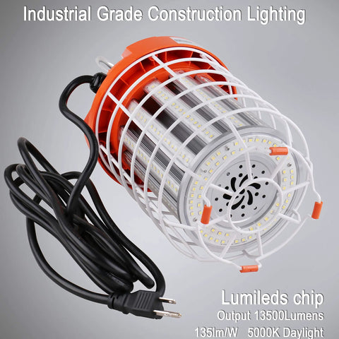 60W LED Temporary Work Light With 8400 Lumen Output, 5000K Daylight Glow, durable steel build, power cord and outlet visible