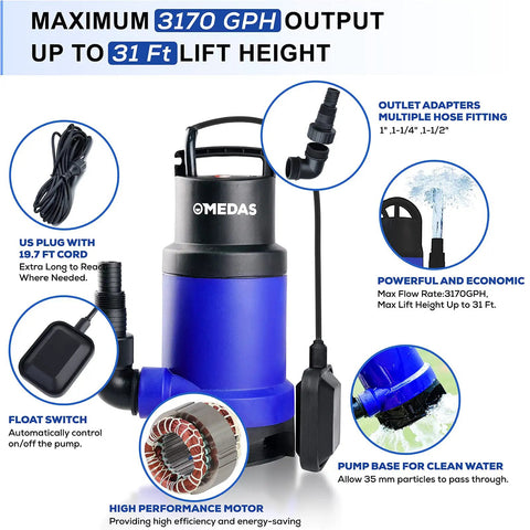Beefy Heavy Duty Submersible Sump Pump With Float Switch 1HP 750W 3170 GPH for pool pond drainage, blue pump with features
