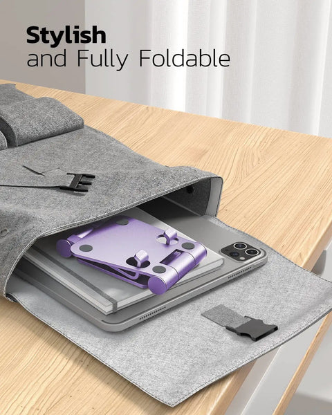 Purple Dual Folding Phone Stand With Fully Adjustable Angles For IPhone 17 16 15 to Xr inside grey felt case on desk
