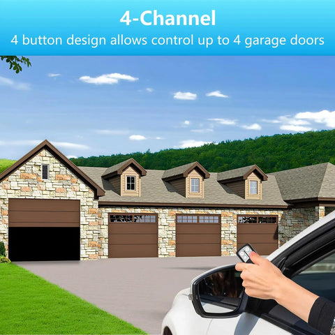 Person using Universal Garage Door Remote With Five Color Learn Button Purple Yellow Green Orange Red Keychain Included For Sears Craftsman LiftMaster Chamberlain Openers 1993 To Present Works With Most Models to open garage doors