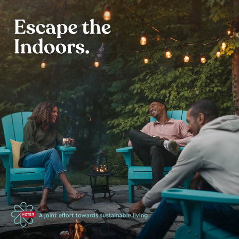 Group relaxing outdoors under string lights with "Escape the Indoors" text, enjoying nature and sustainable living.