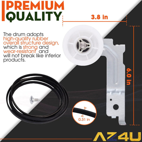 Dryer Repair Kit With Drum Rollers And Belt Pulley Replacement For Samsung Dryers, shown with belt and pulley dimensions.