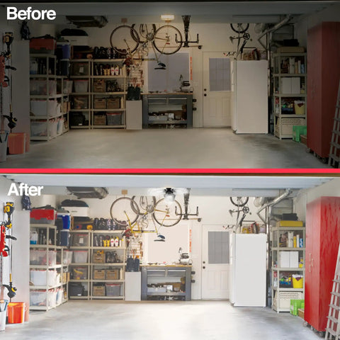 Before and after of Motion Activated Garage Light With 96 Ultra Bright LEDs, 6000 Lumens, No Tools Needed, Easy Screw In Installation