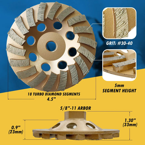 4.5 Inch Turbo Diamond Grinding Wheel For Concrete And Masonry Featuring Killer 30 40 Grit Segments view with 18 segments and measurements.
