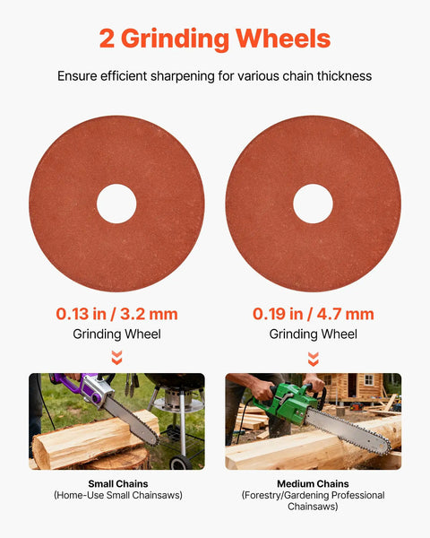 Two grinding wheels for the Tough Electric Chainsaw Sharpener Bench Mounted Eighty Five Watt Motor for efficient sharpening.