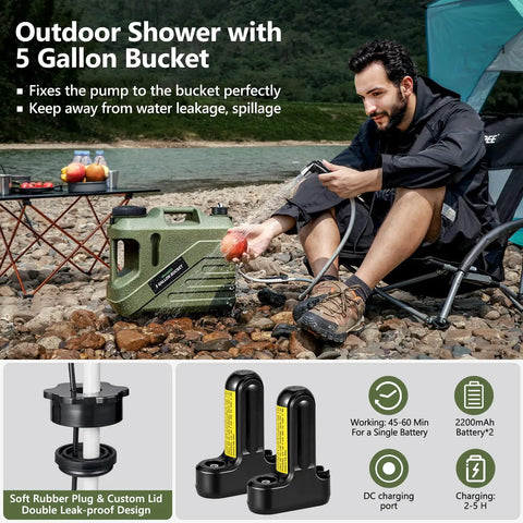 Man using Portable Camping Shower With Built-In Water Jug And Pump, Spill-Resistant Electric Outdoor Shower by a riverside.