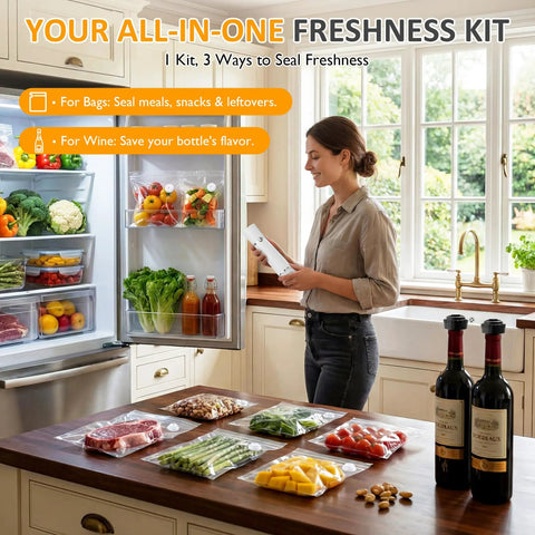 Woman using Ultra Portable Handheld Vacuum Sealer For Food Cordless USB Charge Rechargeable Battery And Air Seal in kitchen