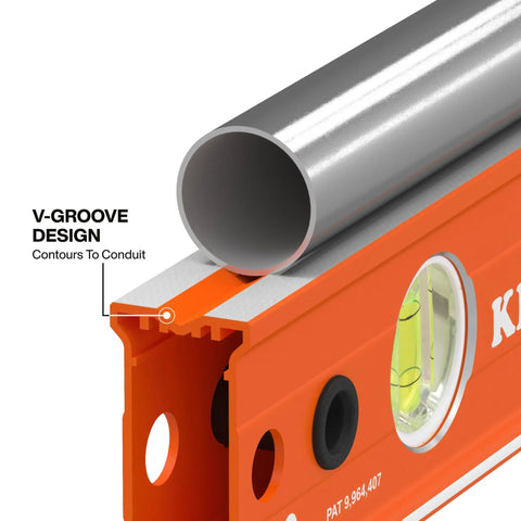 Close-up of V-Groove design on Knockout 3 Piece Level Set for conduit alignment, showcasing aluminum frame and high vis vials.