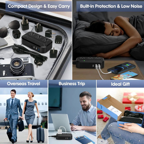 Plug And Play US To Europe Voltage Converter With 4 USB Ports And 3 AC Outlets, 2300W Power Adapter in travel and home settings