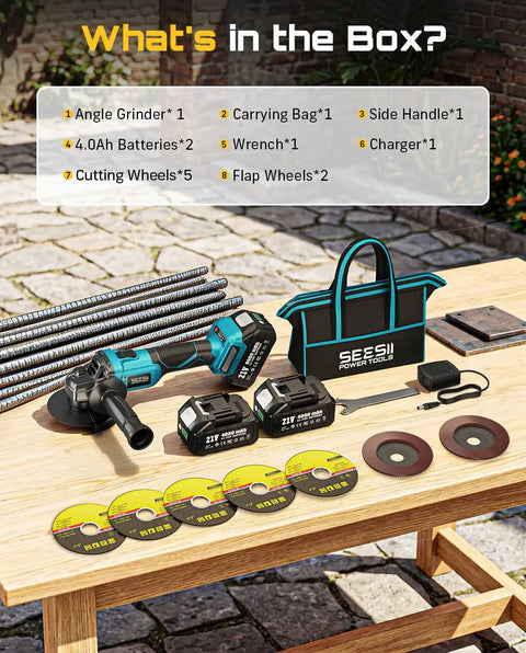 Cordless 4-1/2 Inch Angle Grinder With 21V Brushless Motor Dual 4.0Ah Batteries 10000 RPM accessories on table
