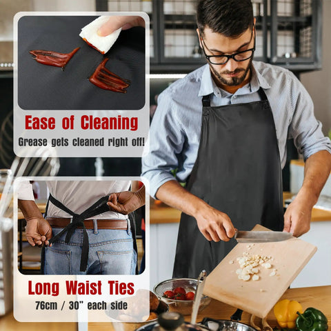 Extra Long Waterproof Vinyl Apron With Adjustable Neck Strap And Long Waist Ties For Cooking Grilling Baking And Cleaning A Real Go To Kitchen Accessory For Messy Home Cooks And Pros, shown with easy cleaning and adjustable ties.