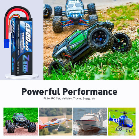 Beefy Pro-Grade 2S 6500mAh 7.4V RC Battery Hard Case With EC5 Connector 120C shown powering various RC vehicles.