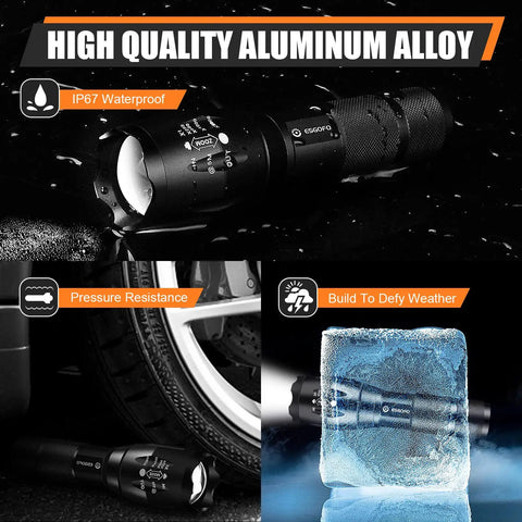 Two Pack 1000 Lumen LED Flashlight Set For EDC Go To Handheld Use High Bright Outdoor Lights With Five Modes Waterproof Durable
