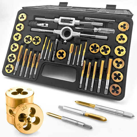40 Piece Metric Tap And Die Set With Titanium Coated GCr15 Bearing Steel, T Handle Wrench, Gauge, Screwdriver, And Storage Case