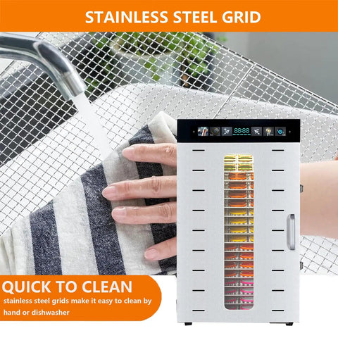 Professional Electric Food Dryer With 20 Tray Capacity And Precision 24 Hour Timer, showing stainless steel grid being cleaned.